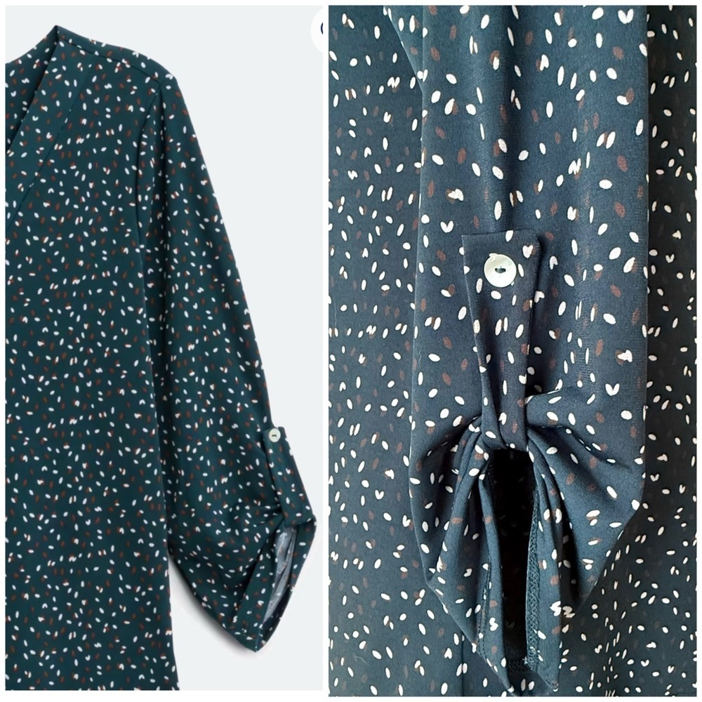 NWT Beacon Patty Roll Tab Knit Top Dark Green Polka Dot V-Neck XS Petite - Picture 2 of 8